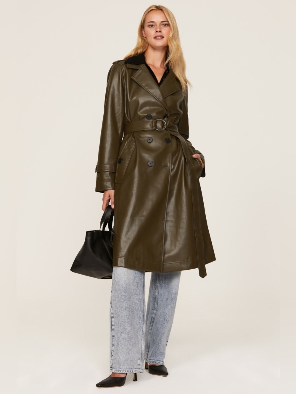 Marissa Webb Olive Faux-Leather Double-Breasted Trench